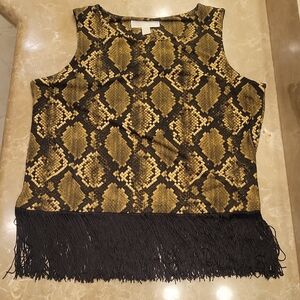 Michael Kors Gold and Black Patterned Fringe Tank Top